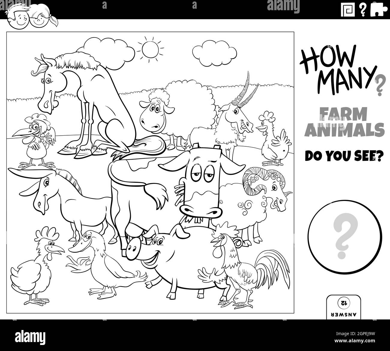 counting farm animals educational task for kids coloring book page Stock Vector