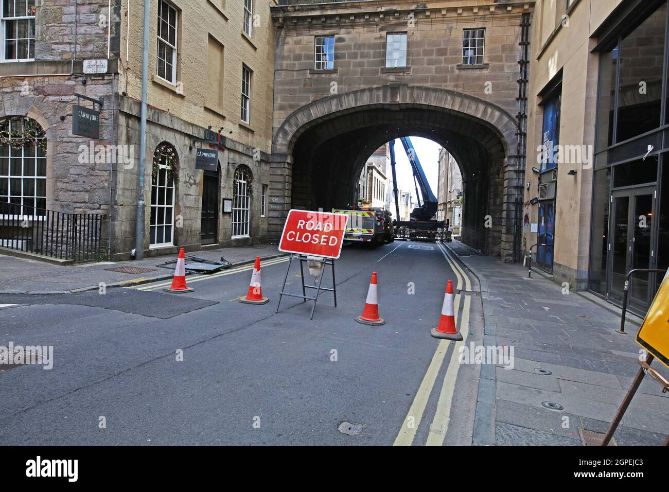 Road closed Cowgate. Edinburgh Stock Photo