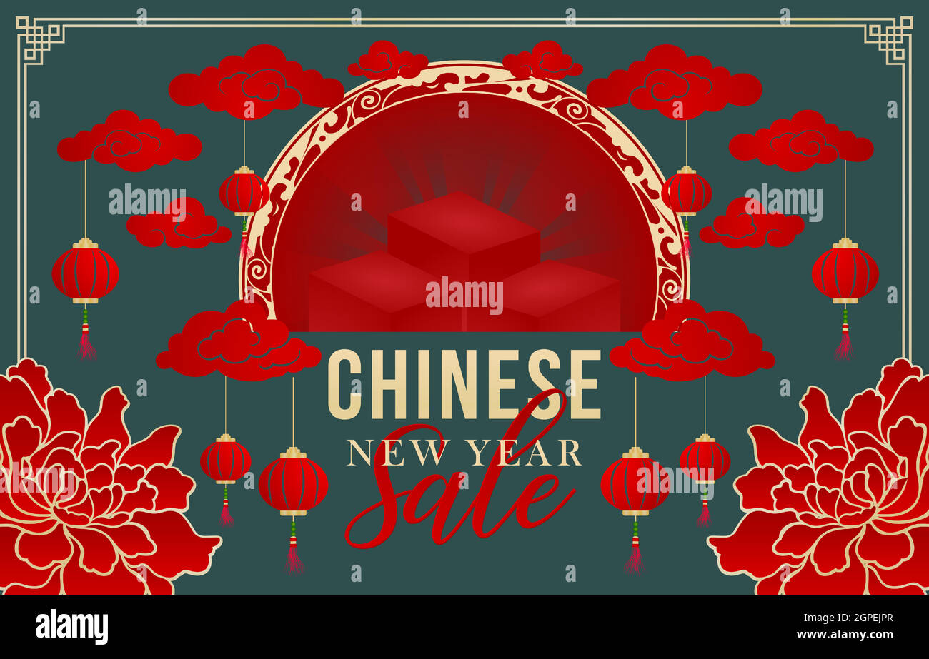 Chinese New Year Sale with dark green backgrounds. Happy Chinese New Year Sale with Flower Peony and lantern, applicable for banner, greeting cards, flyer, poster, social media and store. Stock Vector