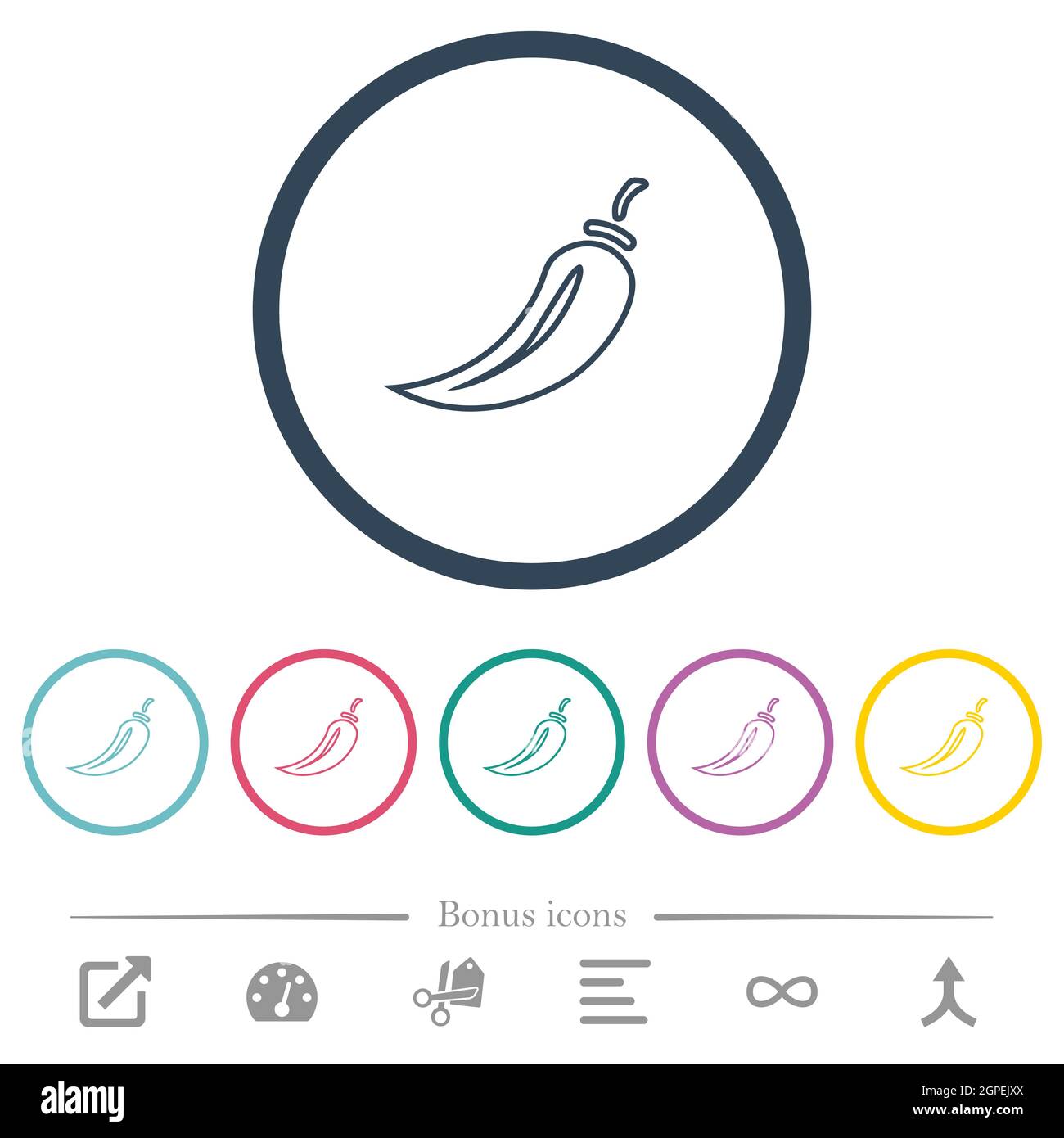 Chili pepper outline flat color icons in round outlines. 6 bonus icons