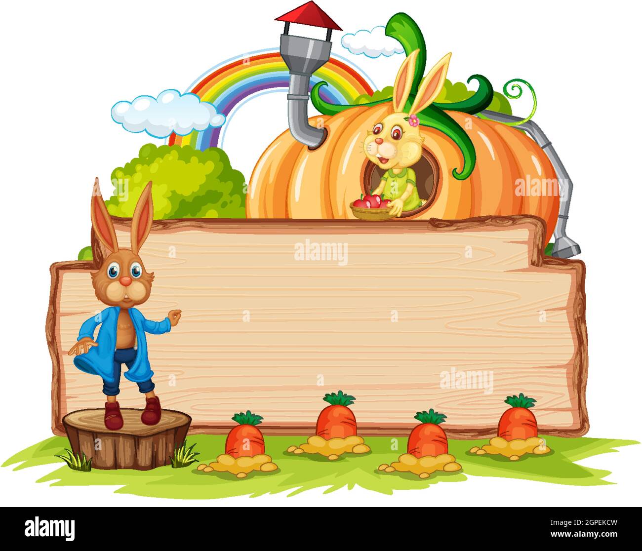 Empty wooden board with two rabbits in the garden isolated illustration ...