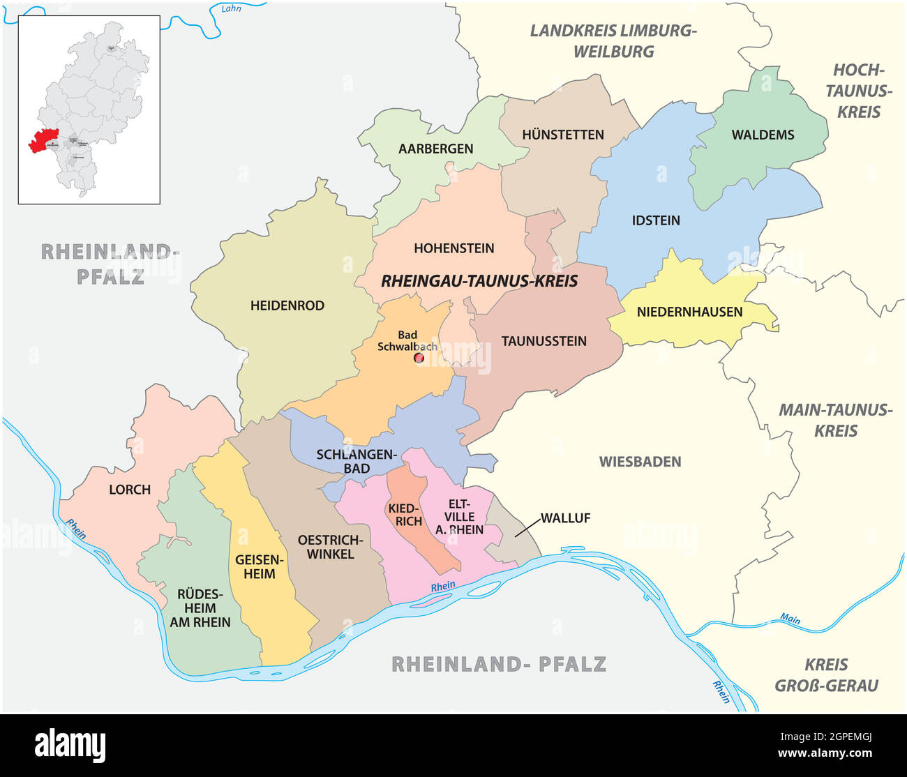 Vector administrative district map Rheingau-Taunus-Kreis, Hesse, Germany Stock Vector