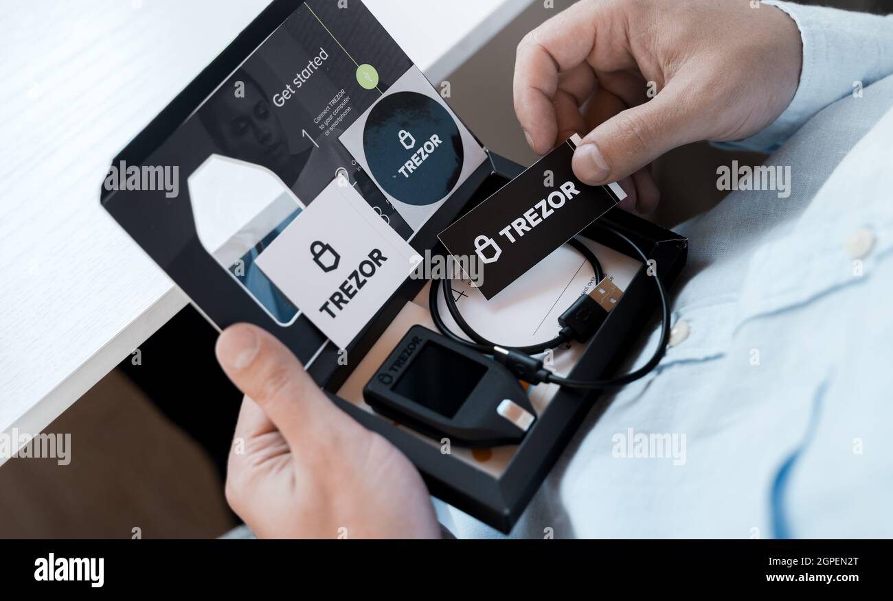 Russia Moscow 12.06.2021 Unpacking of box Trezor hardware,software pocket  wallet.Accessory kit,password sheet.Safe,secure vault of  cryptocurrency,coin Stock Photo - Alamy