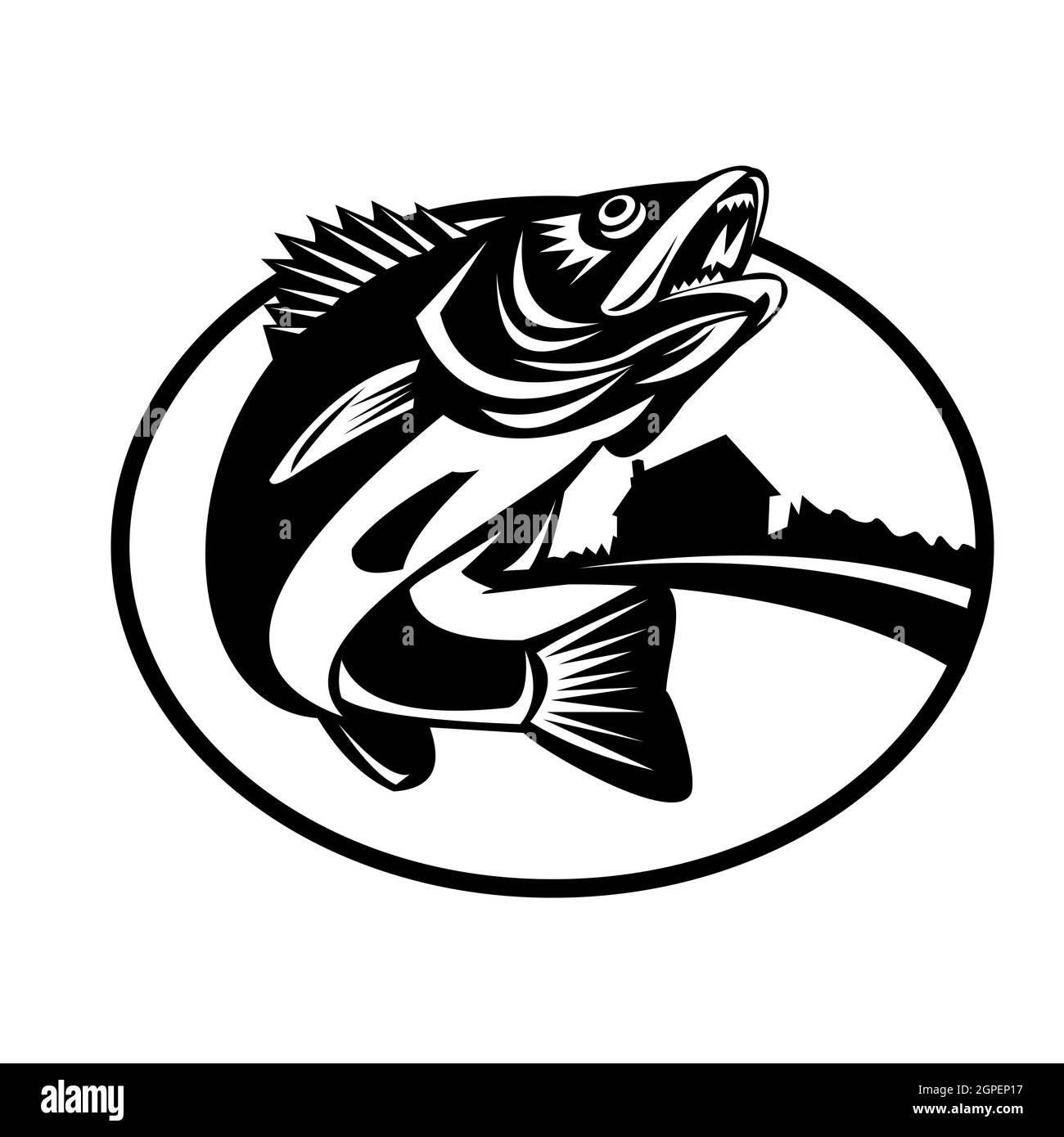 Walleye Fish Jumping Up With Lake Cabin Oval Retro Black and White Stock Photo