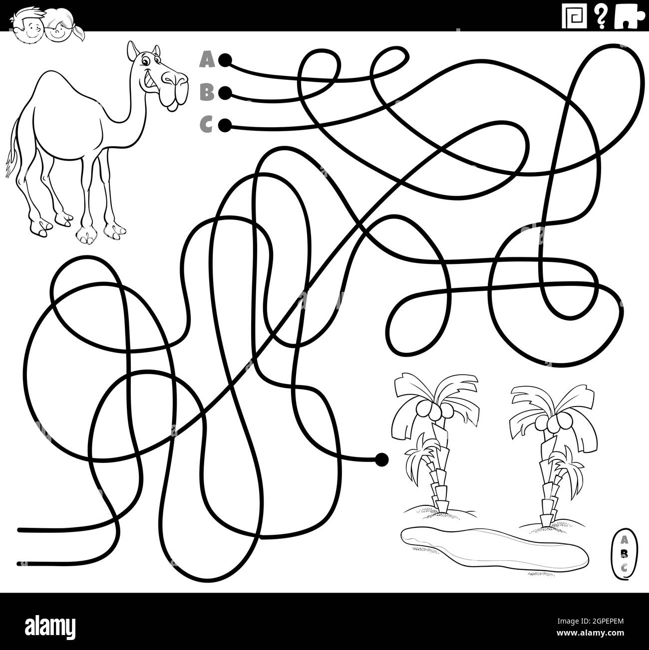 line maze with cartoon camel and oasis coloring book page Stock Vector