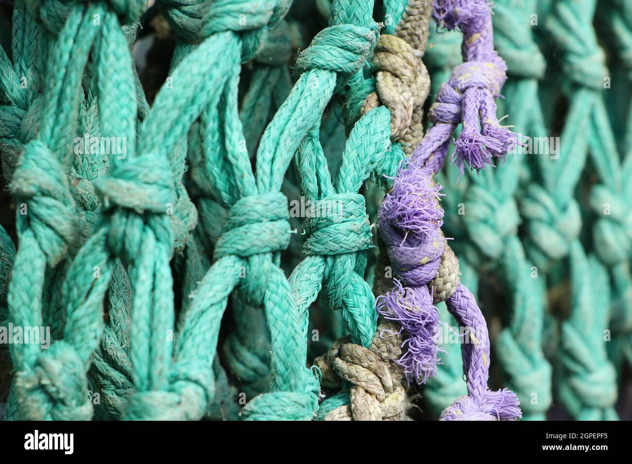 detail of old knotted fishing net of aqua colored nylon rope Stock Photo