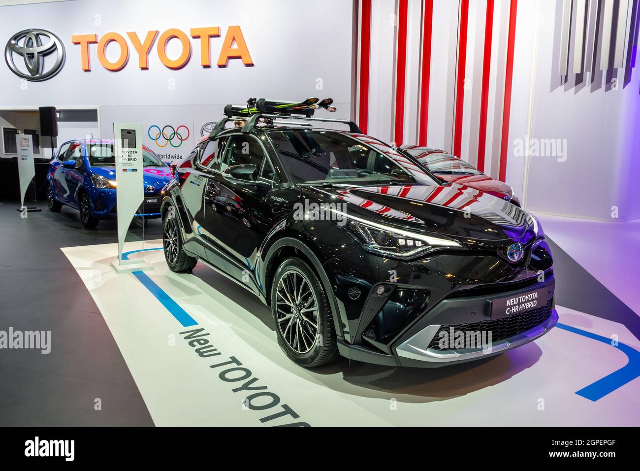 Toyota C-HR Hybrid car showncased at the Autosalon 2020 Motor Show.  Brussels, Belgium - January 9, 2020.a Stock Photo - Alamy