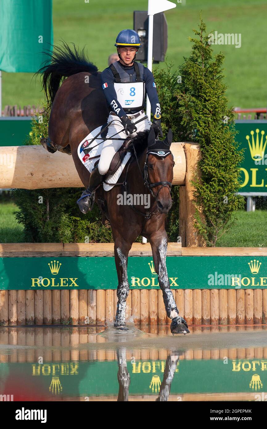 Aachen, Deutschland. 18th Sep, 2021. Camille LEJEUNE (FRA) on Noreway  Harry, action in the water, in the Rolex Complex, eventing, cross-country  C1C: SAP Cup, on September 18, 2021, World Equestrian Festival, CHIO