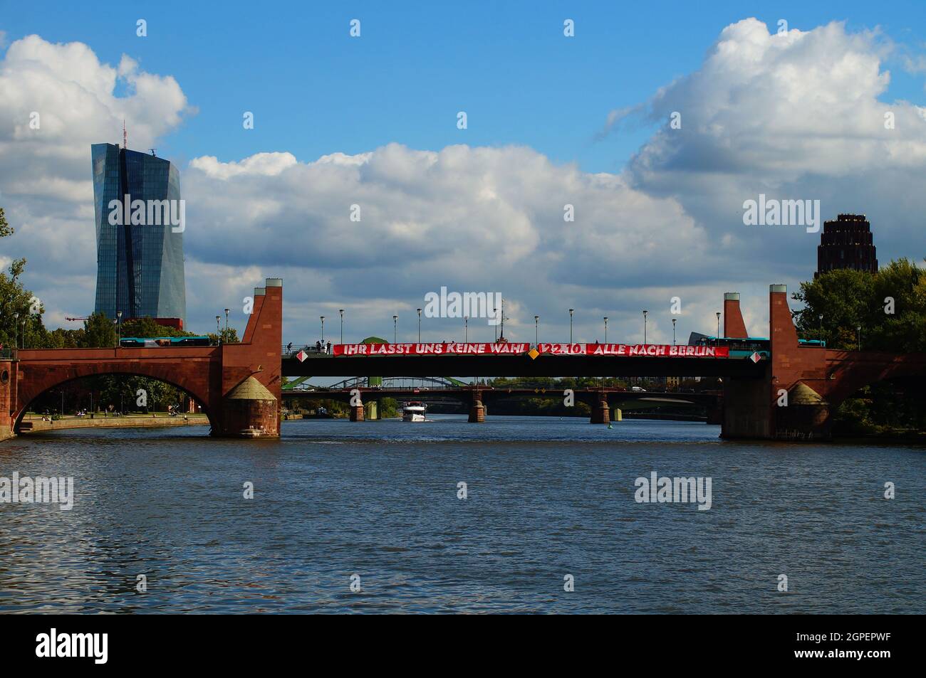 FRANKFURT, GERMANY - Sep 24, 2021: On the sidelines of a Fridays for Future demonstration in Frankfurt, a call is made on a bridge for a follow-up dem Stock Photo