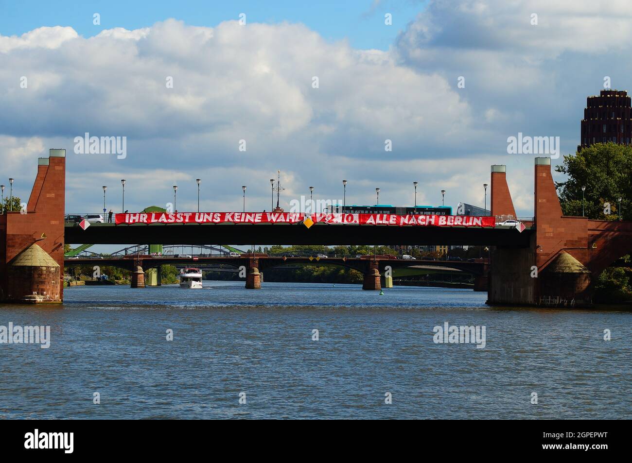 FRANKFURT, GERMANY - Sep 24, 2021: On the sidelines of a Fridays for Future demonstration in Frankfurt, a call is made on a bridge for a follow-up dem Stock Photo