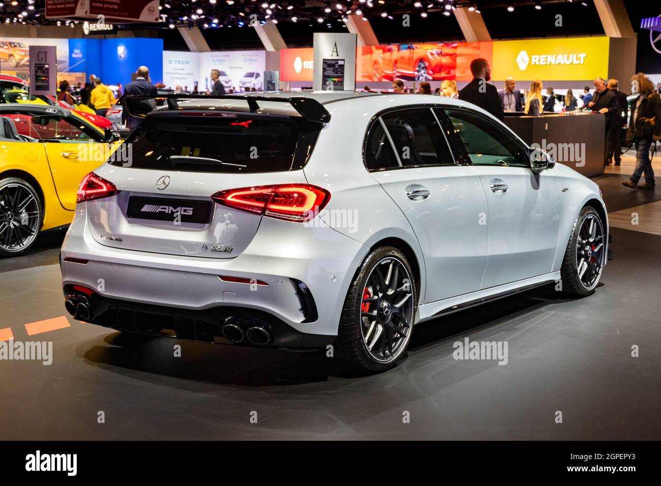 Mercedes-AMG A-class 45 S new car model shown at the Autosalon 2020 Motor Show. Brussels, Belgium - January 9, 2020. Stock Photo