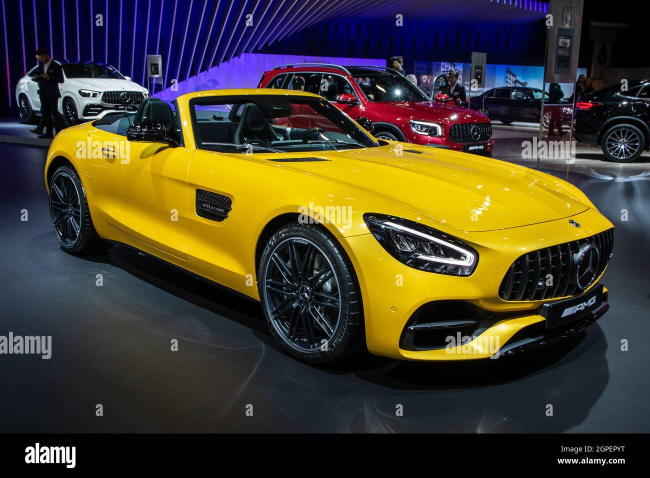 Mercedes AMG GT Roadster sports car shown at the Autosalon 2020 Motor Show. Brussels, Belgium - January 9, 2020. Stock Photo