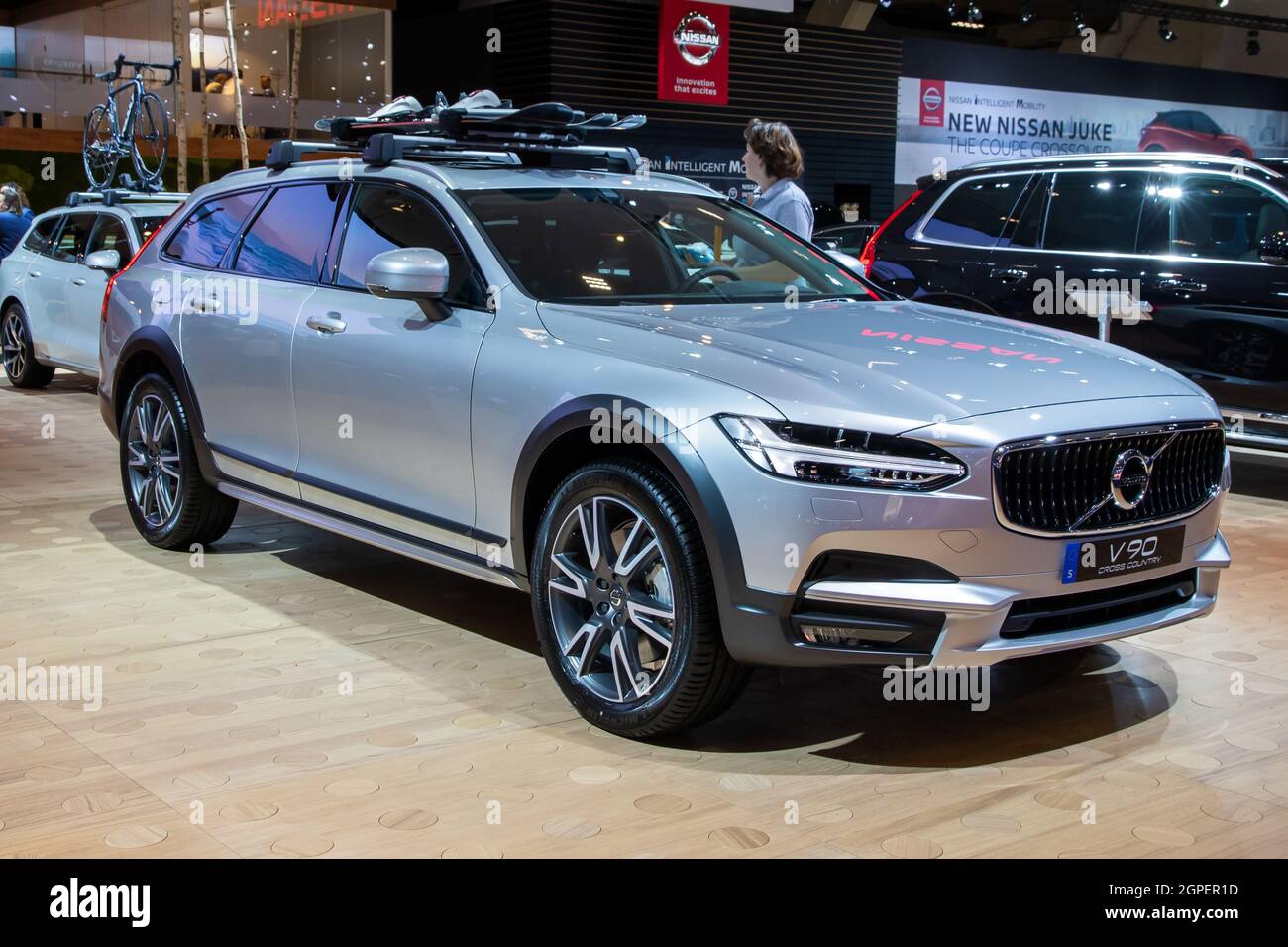 Volvo V90 Cross Country car model shown at the Autosalon 2020 Motor Show. Brussels, Belgium - January 9, 2020. Stock Photo