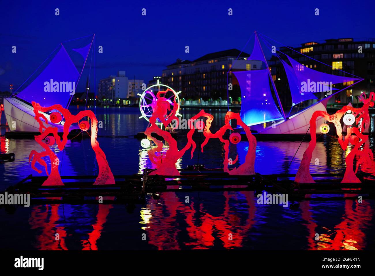 DUBLI, IRELAND - Oct 27, 2019: The Night Watch, sound and visual installation floating on the water in dark. The Bram Stocker Festival in Dublin, Irel Stock Photo