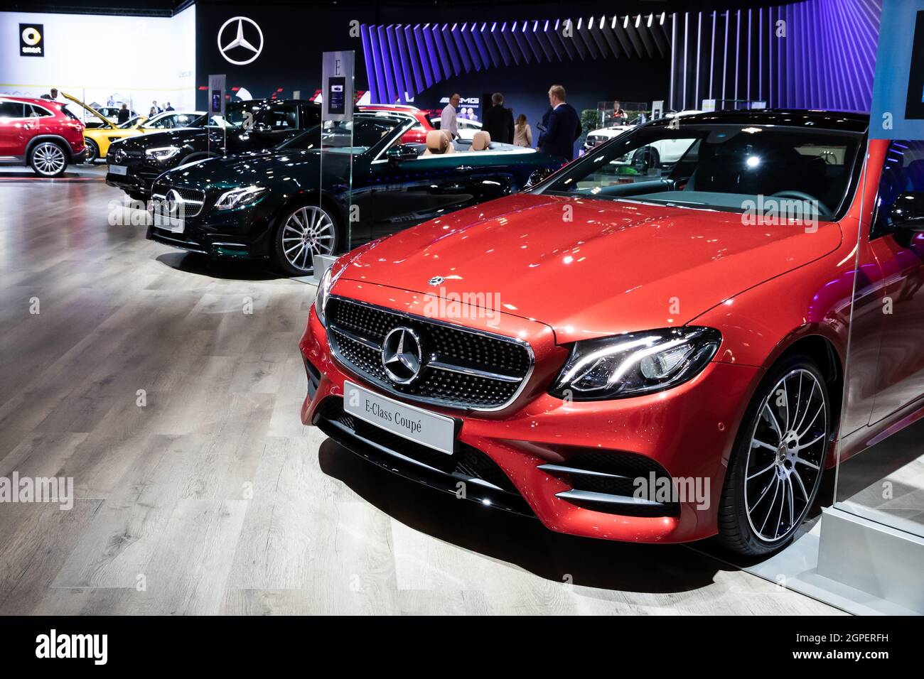 Mercedes Benz E-Class Coupe car model shown at the Autosalon 2020 Motor Show. Brussels, Belgium - January 9, 2020. Stock Photo