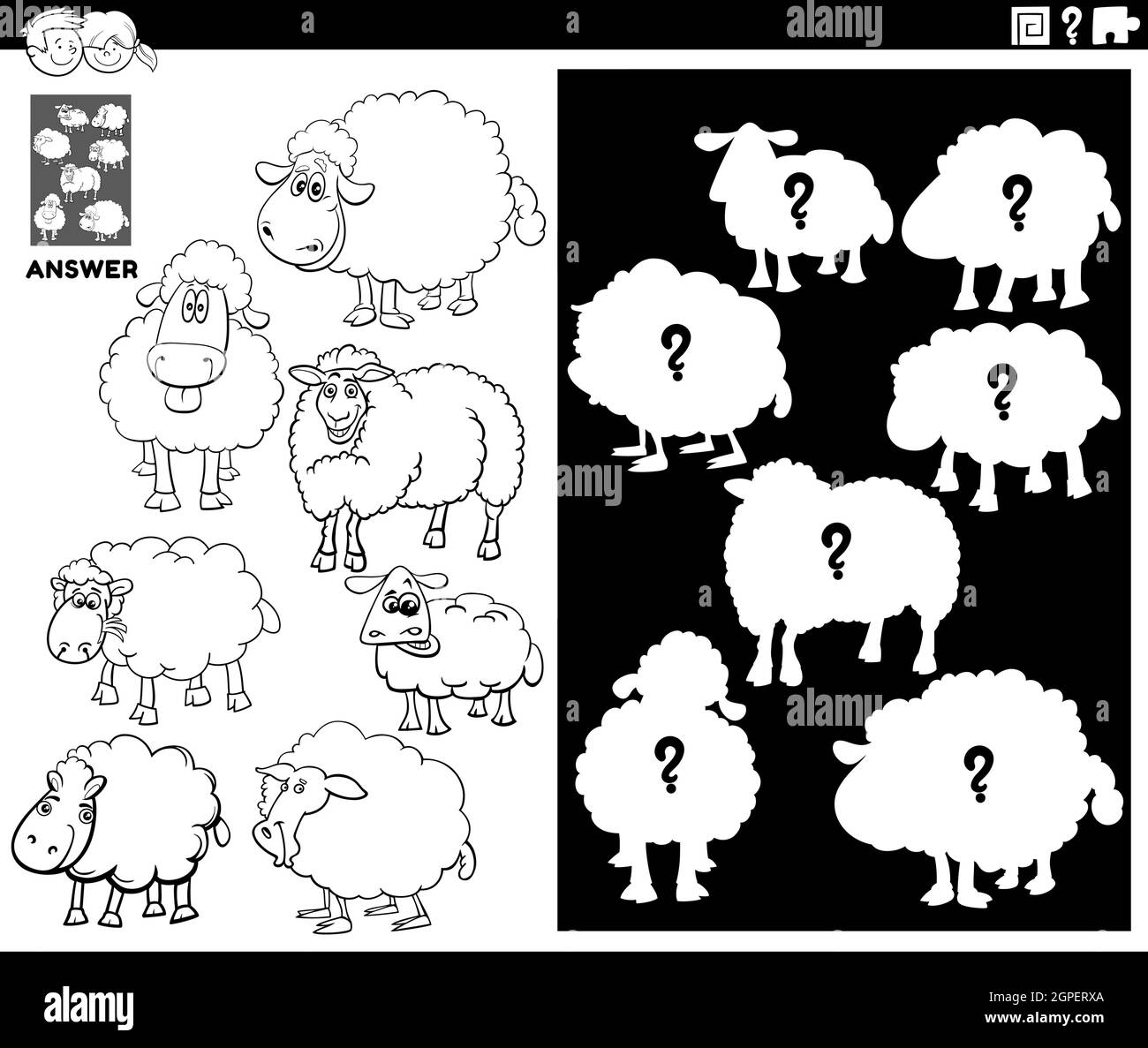 matching shapes game with sheep coloring book page Stock Vector