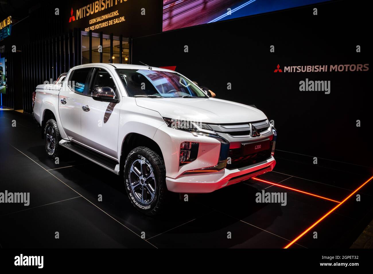 Mitsubishi L200 pick-up truck model shown at the Autosalon 2020 Motor Show. Brussels, Belgium - January 9, 2020. Stock Photo