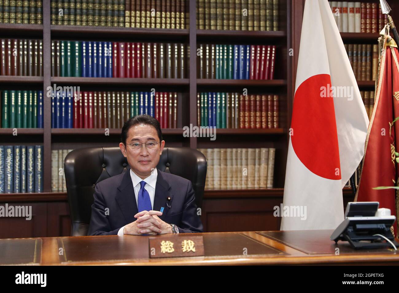 Tokyo, Japan. 29th Sep, 2021. Former Japanese Foreign Minister Fumio Kishida poses for a portrait picture following his press conference at LDP (Liberal Democratic Party) Headquarter after he is elected as Party President Credit: SOPA Images Limited/Alamy Live News Stock Photo