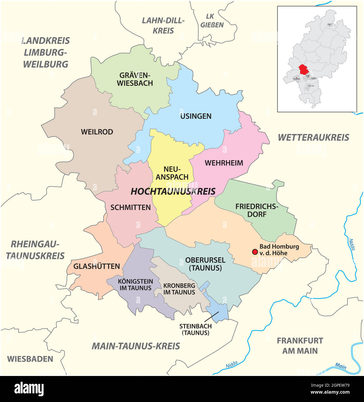 Vector administrative district map Hochtaunuskreis, Hesse, Germany Stock Vector