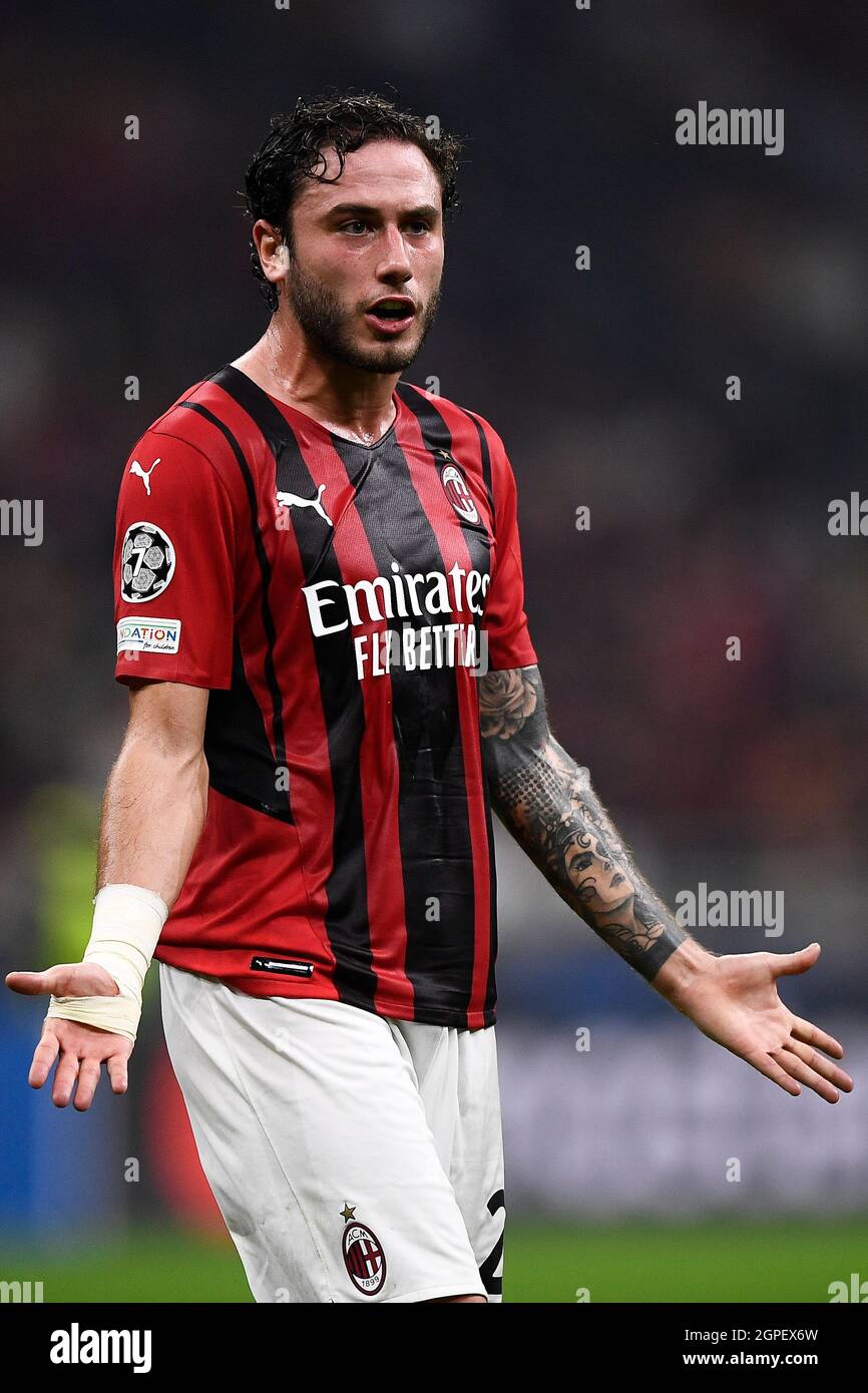 Milan, Italy. 28 September 2021. Davide Calabria of AC Milan reacts