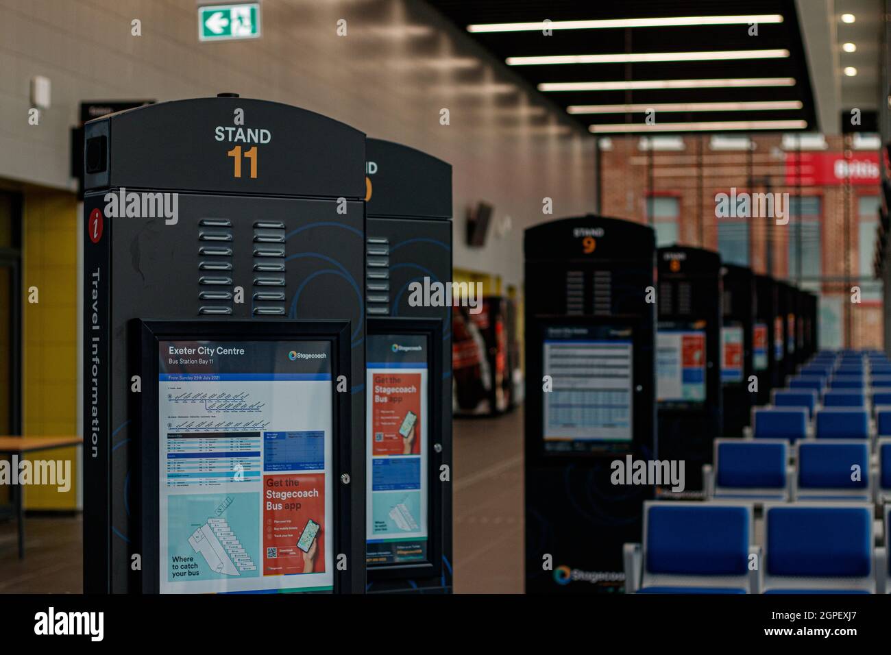 The waiting room and stands in the newly opened Exeter Bus Station on opening day Stock Photo