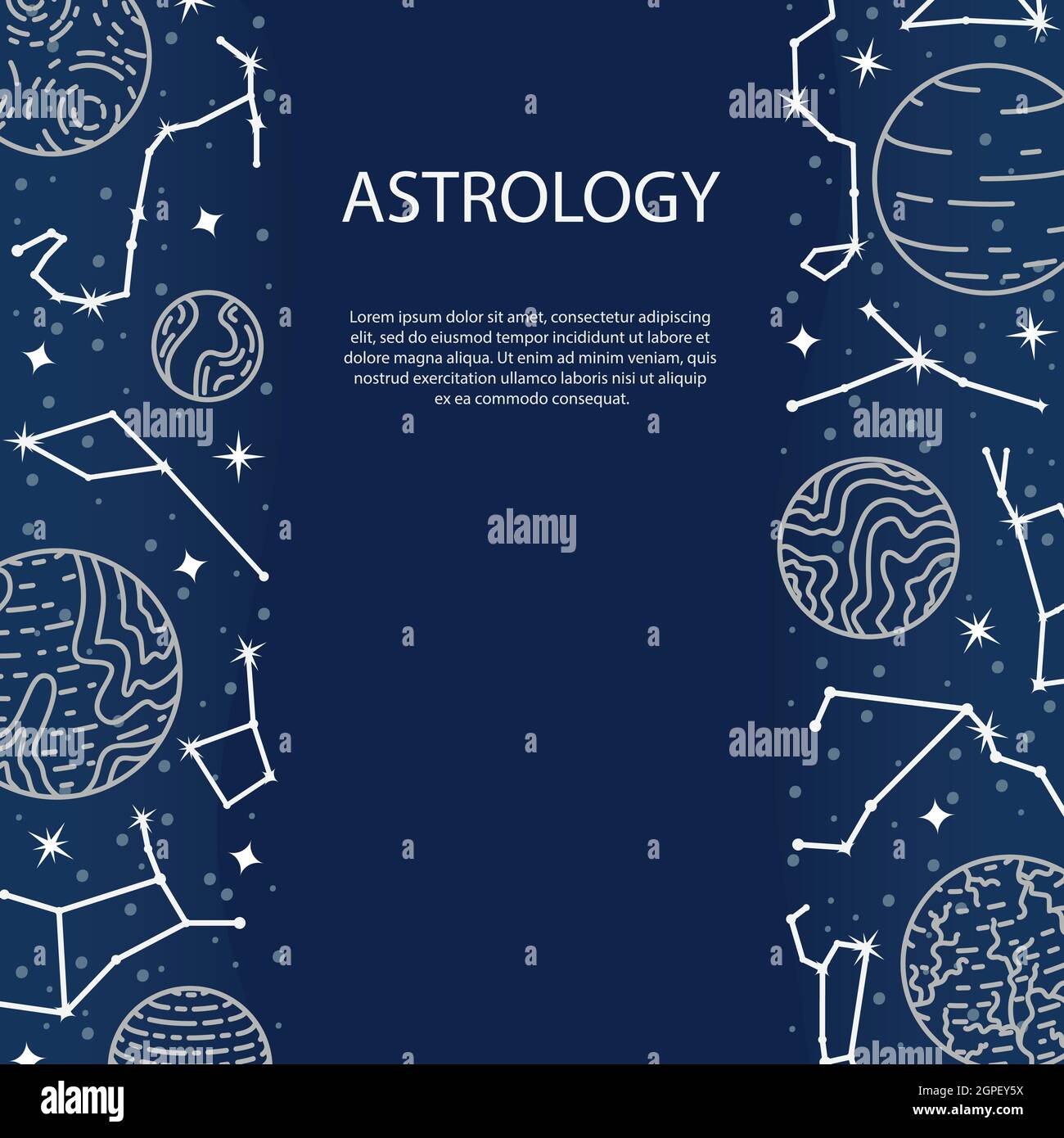 Vector poster with planets and constellations. Astrological background. A template with space for text. Stock Vector
