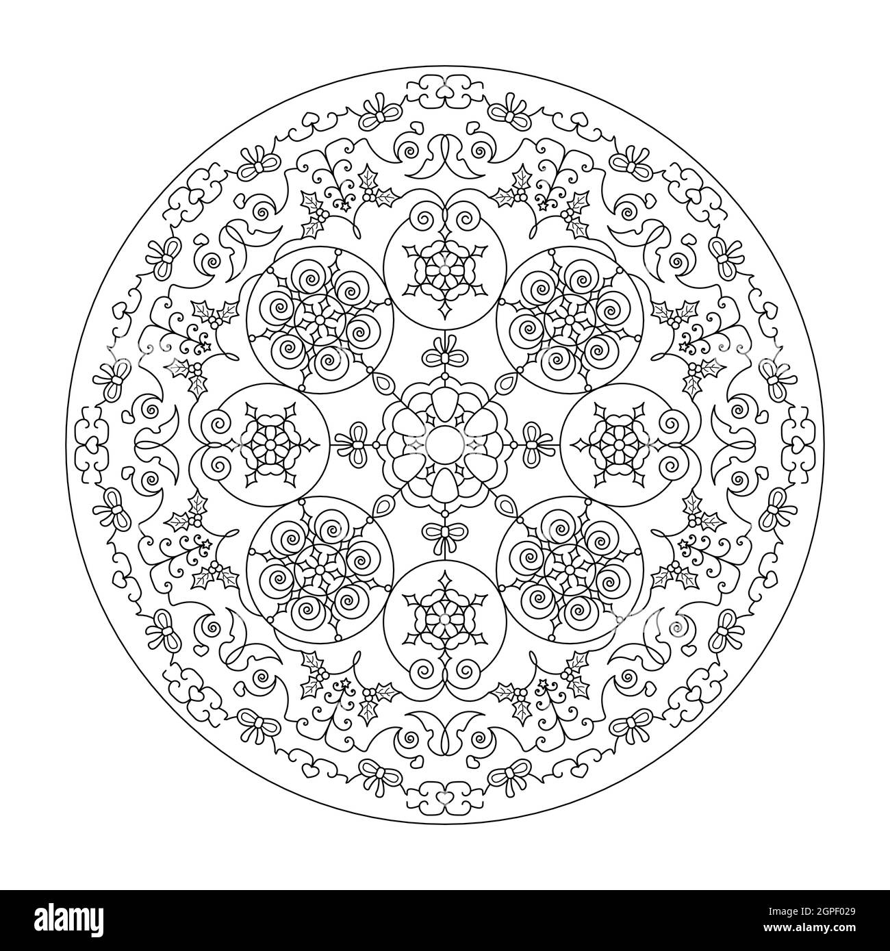 Christmas coloring page. Pretty mandala with Christmas balls, butterflies, hearts and Christmas trees. Vector illustration. Stock Vector