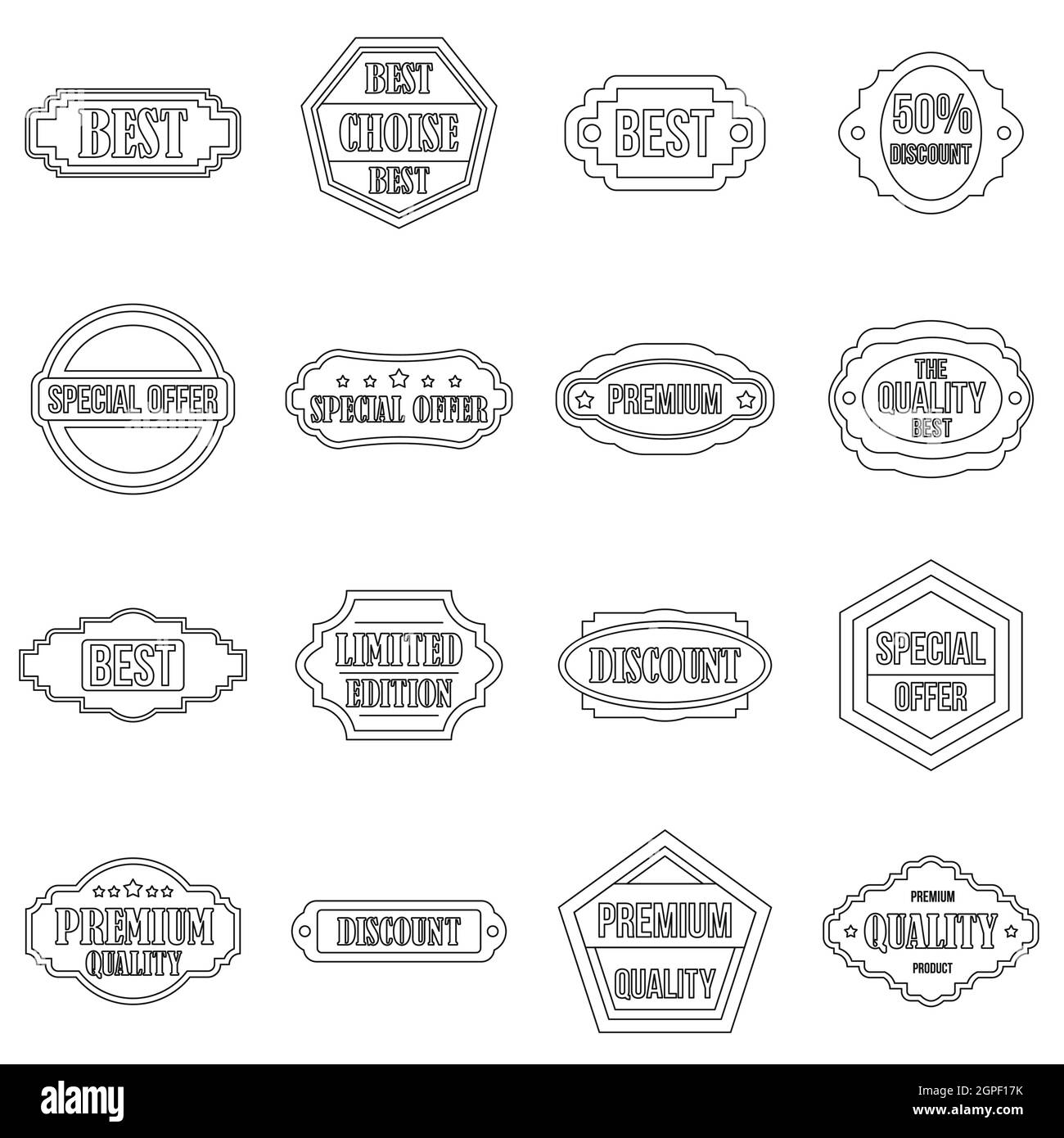 Golden labels icons set, outline style Stock Vector