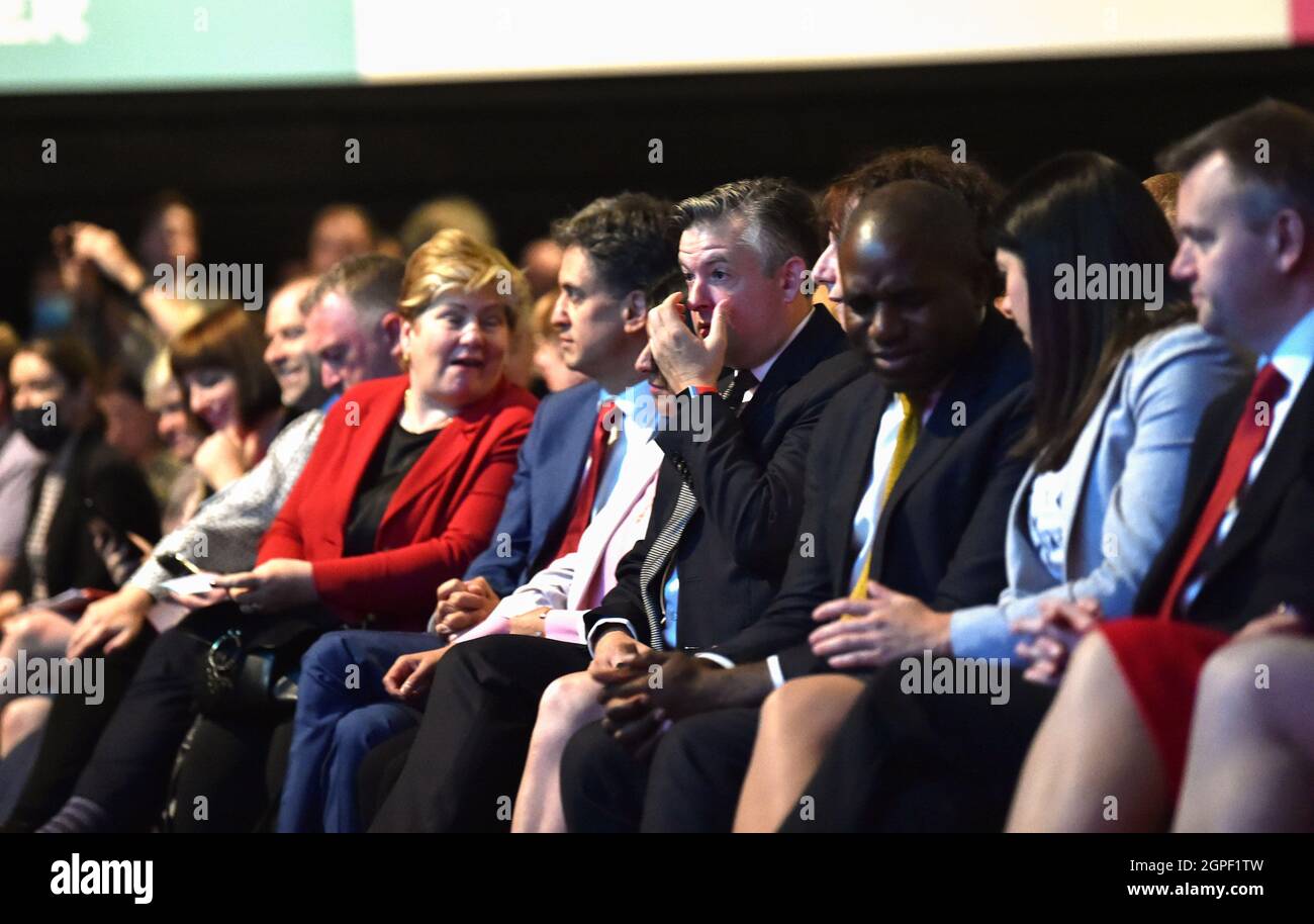 Brighton UK 29th September 2021 - Jonathan Ashworth the Shadow Secretary of State for Health and Social Care listens as  Sir Keir Starmer giving his speech at the Labour Party Conference today at the Brighton Centre  : Credit Simon Dack / Alamy Live News Stock Photo