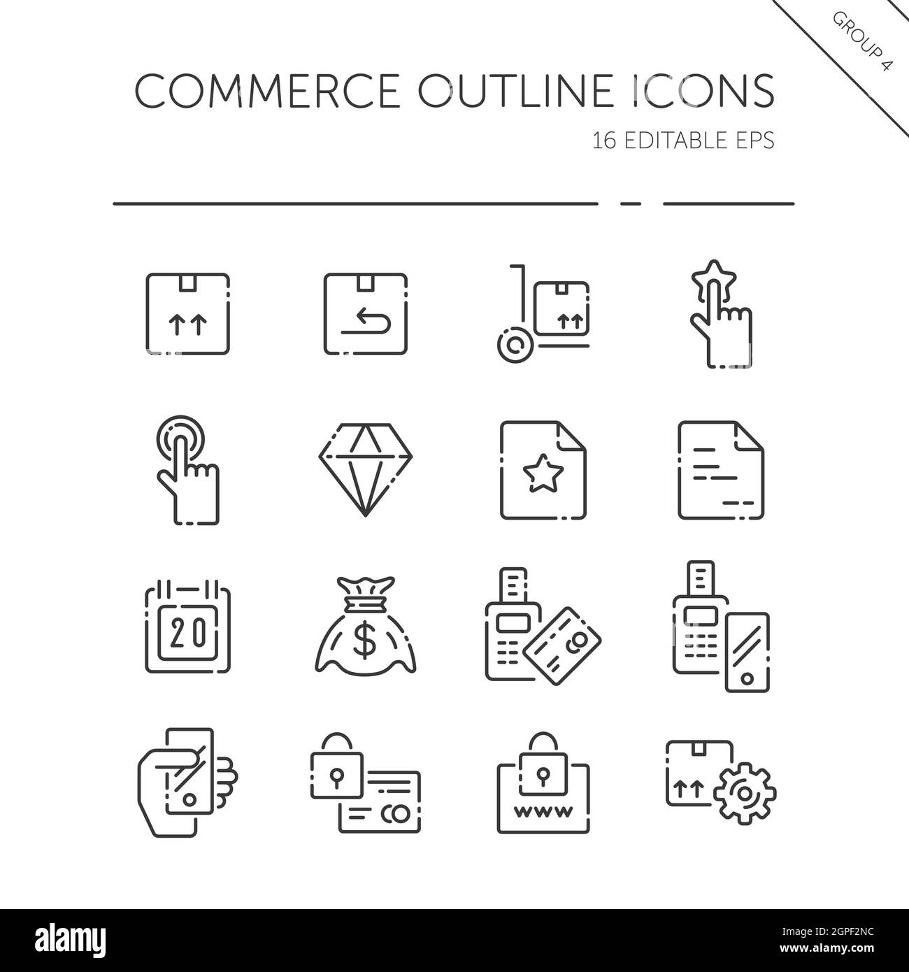 Commerce thin line icon set. Box, diamond, hand, swiping machine, security, money and calendar. Outline vector illustration Stock Vector