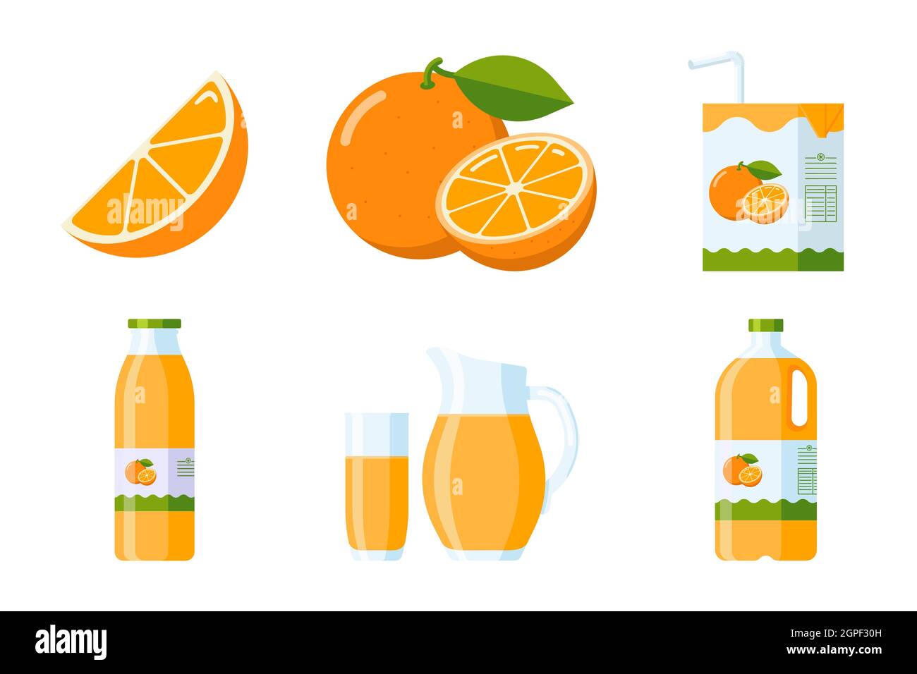 Orange Fruit and Juice Elements Collection. Flat Style citrus items set: orange slice and whole fruit, orange juice packages carton, glass, jug, Plastic and glass bottle. Premium vector Stock Vector