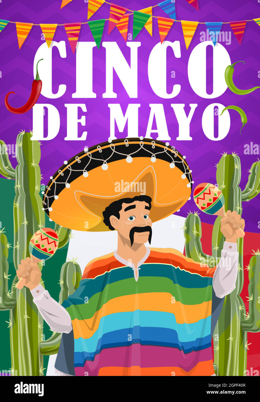 Cinco de Mayo mariachi, sombrero and maracas Stock Vector