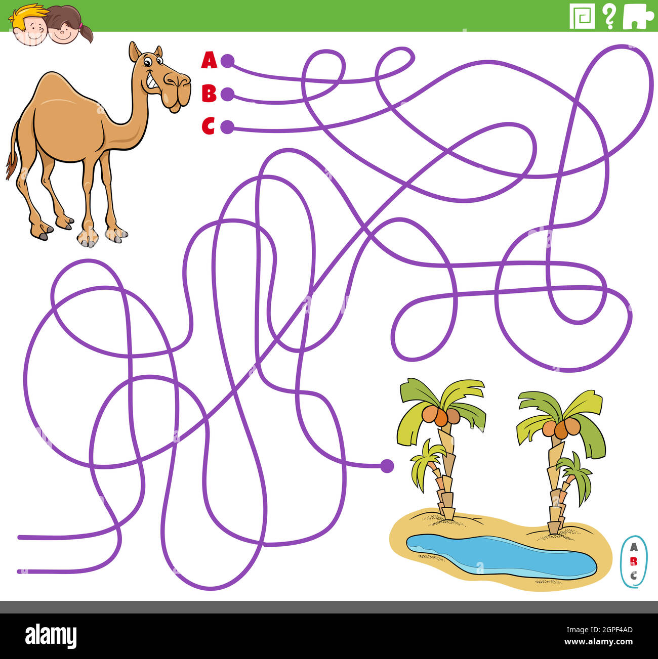 educational maze game with cartoon camel and oasis Stock Vector