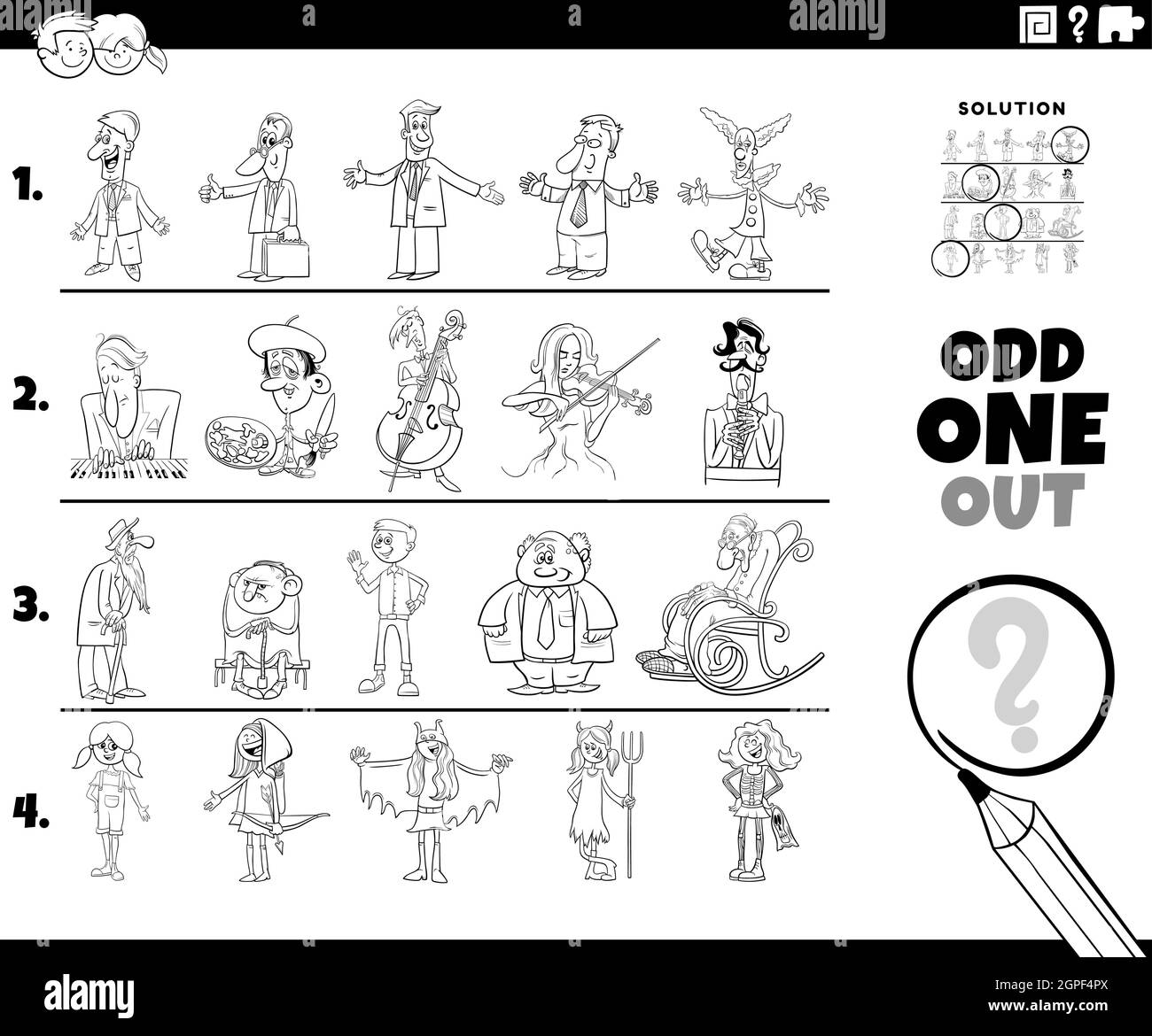odd one out people character picture coloring book page Stock Vector