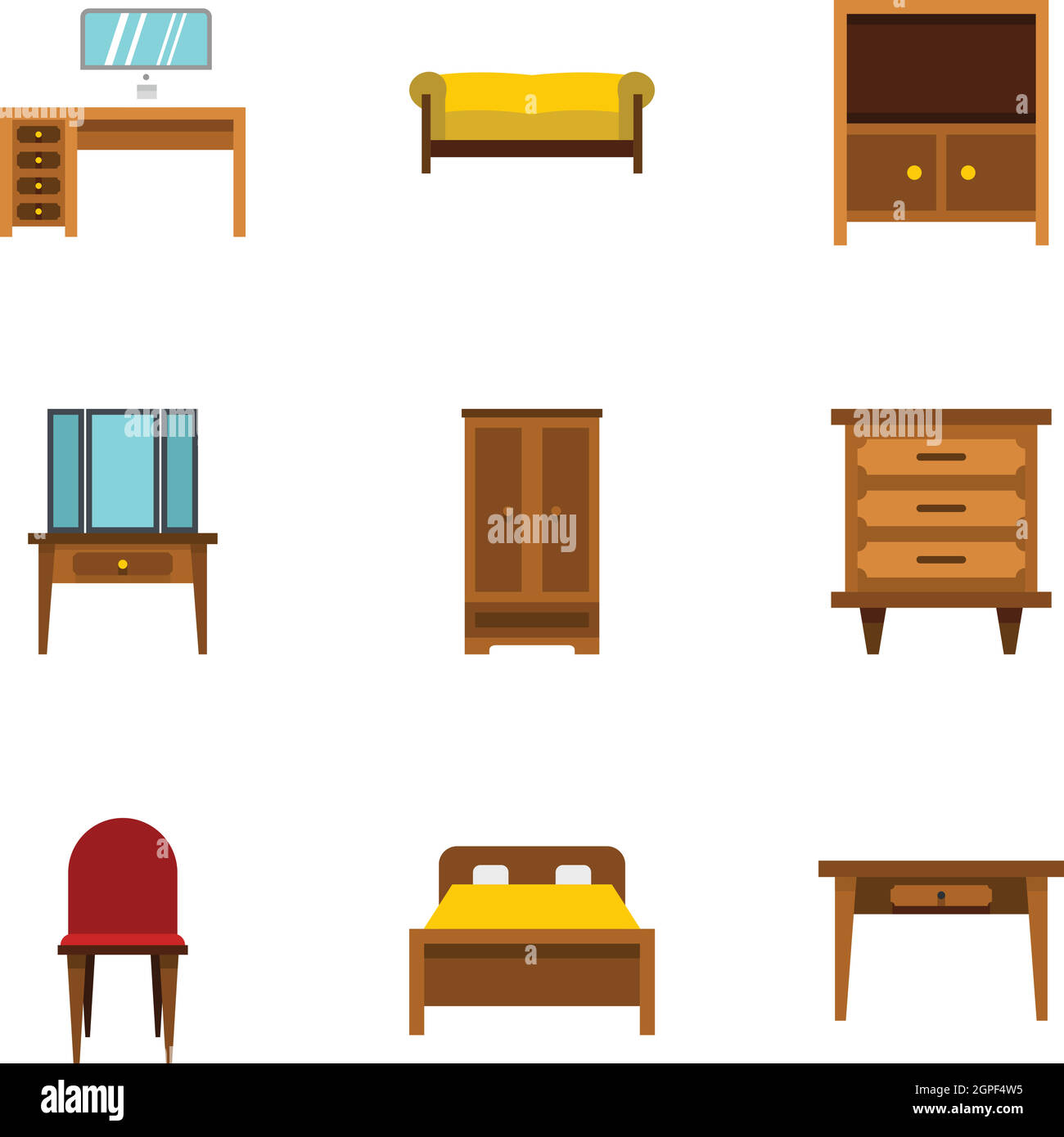 Furniture icons set, flat style Stock Vector