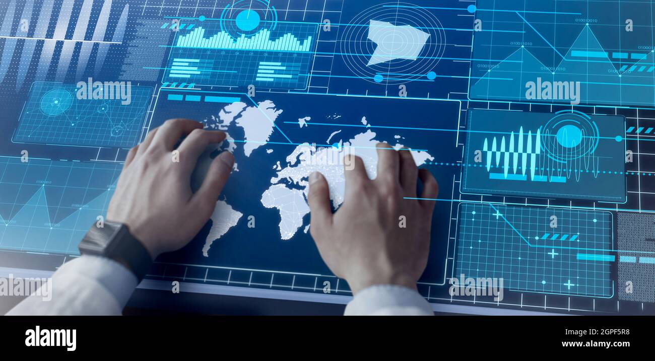Male hands using virtual panel, working on business analysis, collage Stock Photo