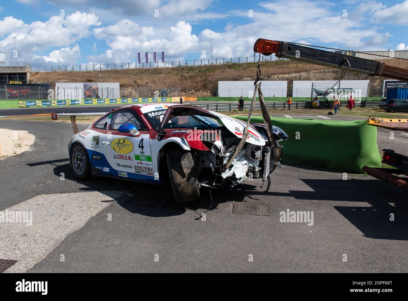 Vallelunga, italy september 19th 2021 Aci racing weekend. Race car wrecked after big crash during competition Stock Photo