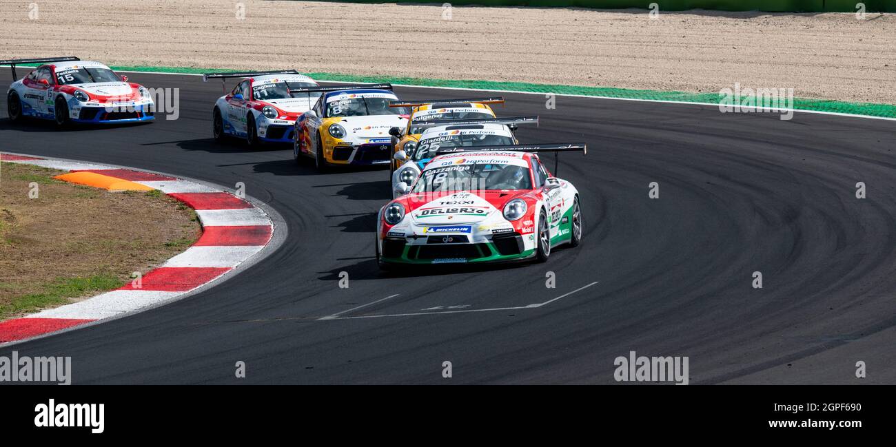 Vallelunga, italy september 19th 2021 Aci racing weekend. Race cars challenging at asphalt circuit turn, Porsche Carrera group in action Stock Photo