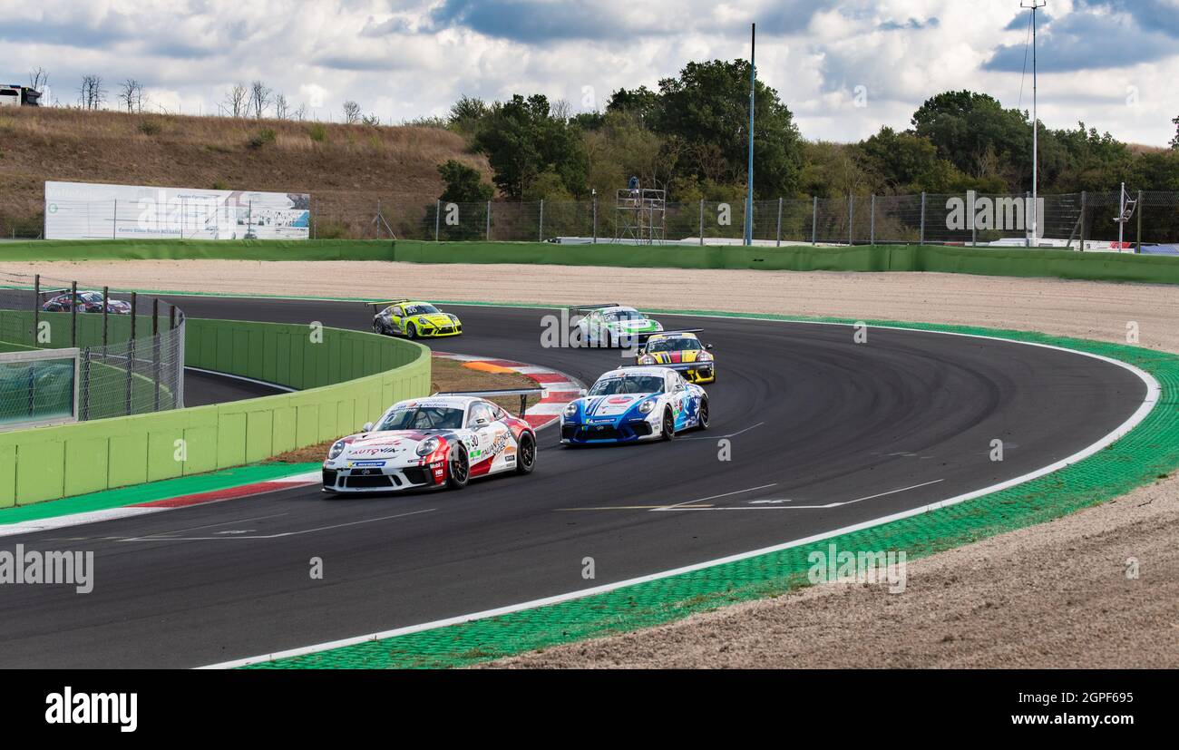 Vallelunga, italy september 19th 2021 Aci racing weekend. Race cars challenging at asphalt circuit turn, Porsche Carrera group in action Stock Photo