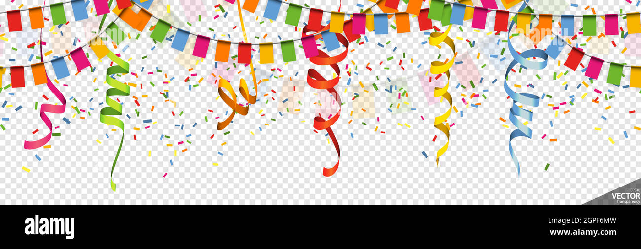 colored garlands, streamers and confetti party background Stock Vector