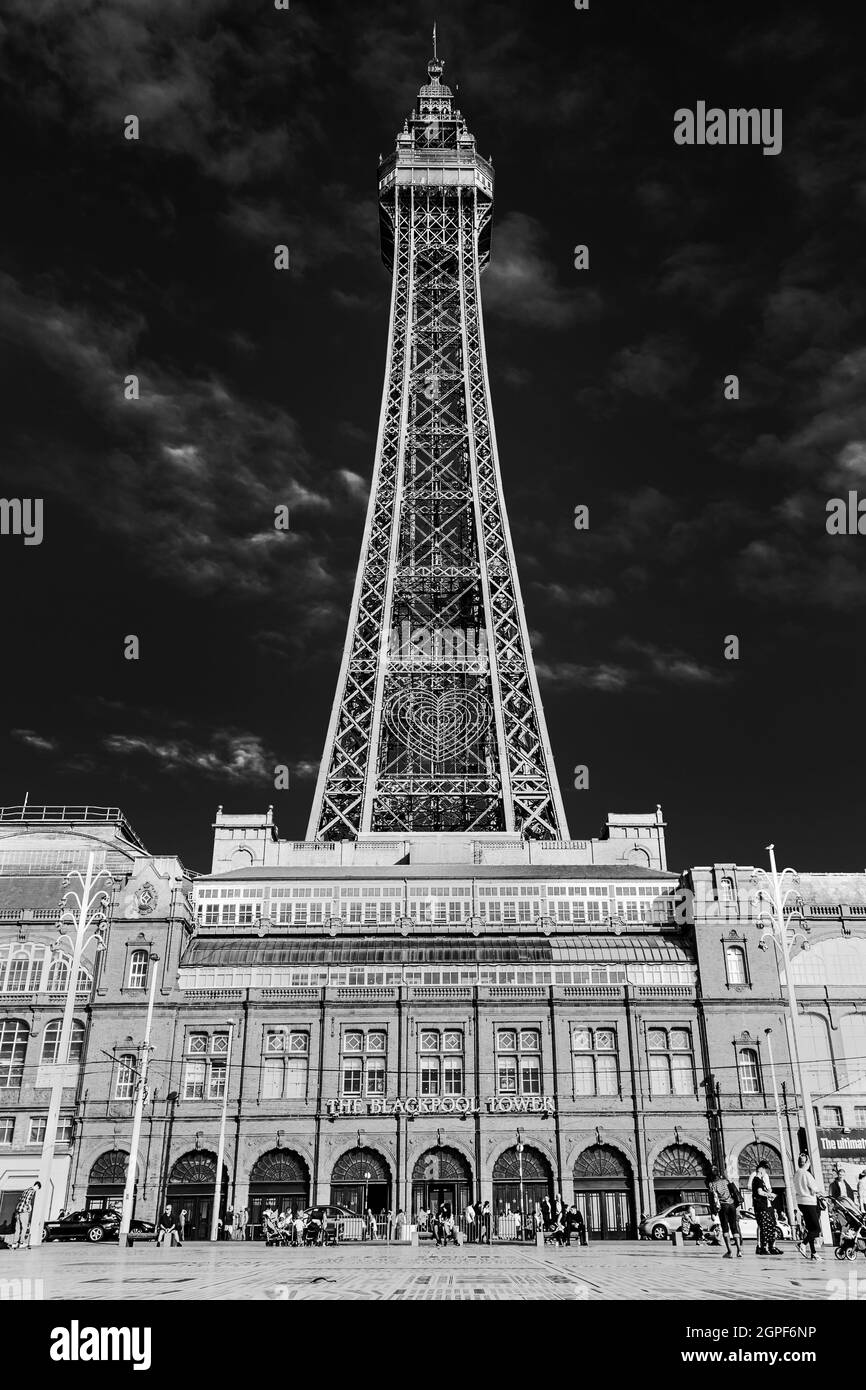 A high contrast image of Blackpool Tower seen on the waterfront of the seaside town in September 2021. Stock Photo