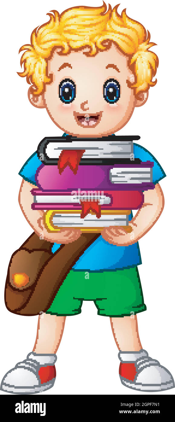 School boy holding stack of books Stock Vector
