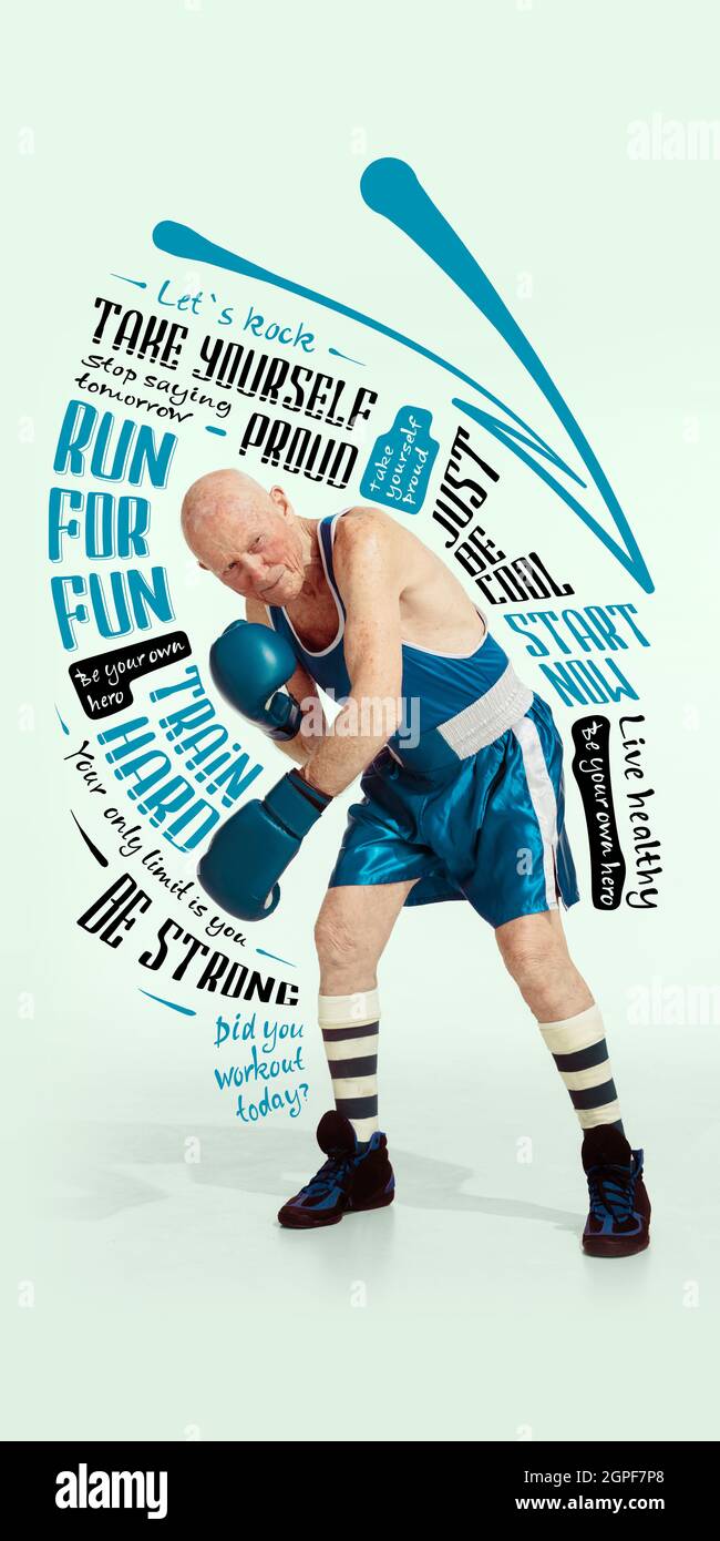 Collage, poster with old male sportsman, boxer in boxing gloves in motion and action isolated on white background with lettering, graphics and Stock Photo