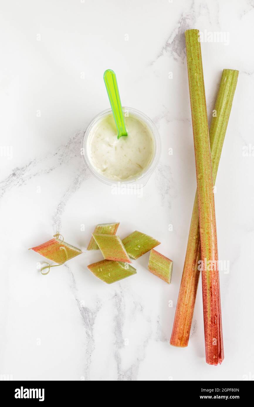 Fresh rhubarb and rhubarb yoghurt Stock Photo