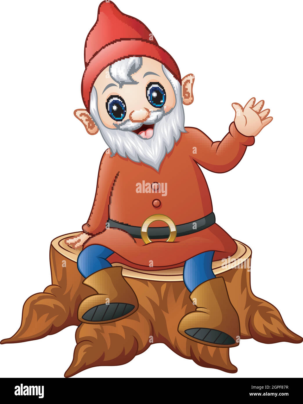 Cartoon dwarf sitting on tree stump Stock Vector