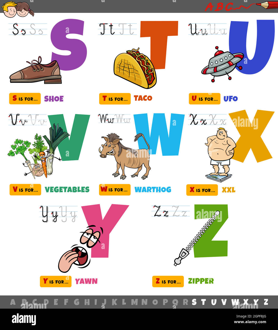 educational cartoon alphabet letters for kids set from S to Z Stock Vector