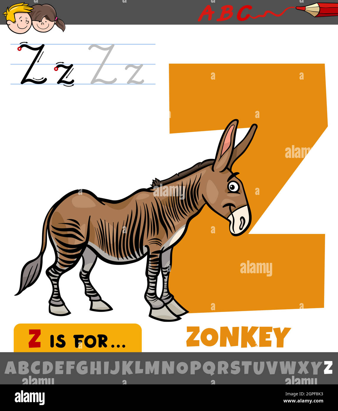 letter Z from alphabet with cartoon zonkey animal character Stock