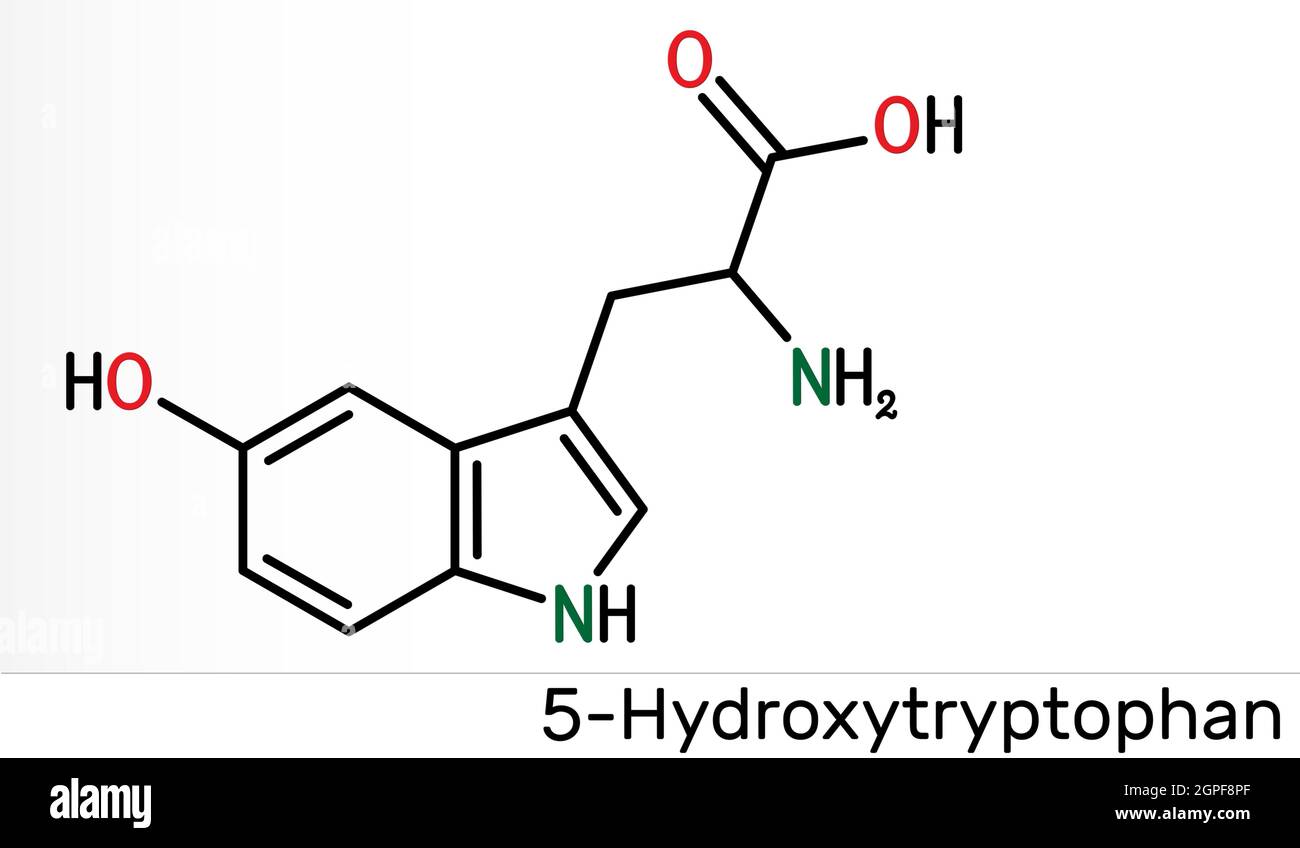5-Hydroxytryptophan, 5-HTP, hydroxytryptophan, oxitriptan molecule. It is  naturally occurring amino acid, tryptophan derivative. Skeletal chemical  for Stock Photo - Alamy