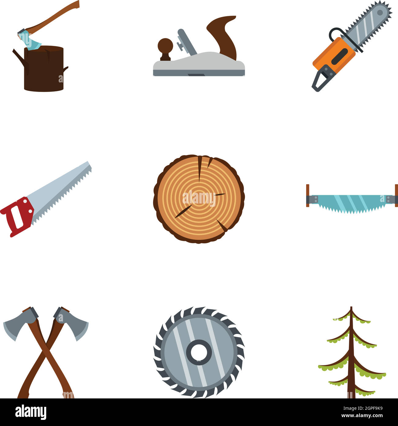 Sawing woods icons set, flat style Stock Vector