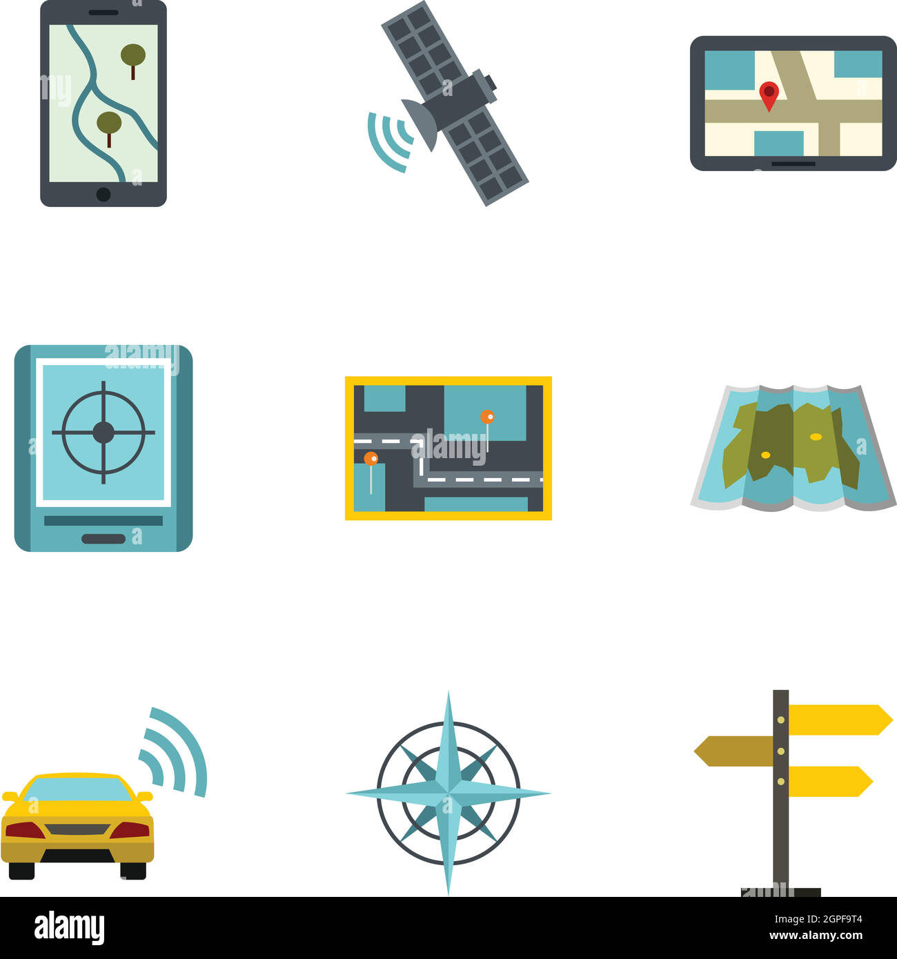 GPS map icons set, flat style Stock Vector